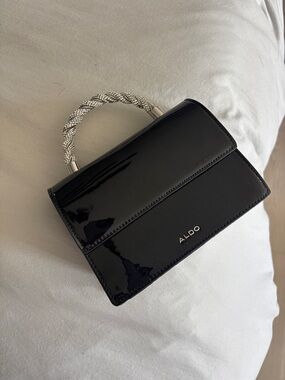 ALDO Black Patent Mini Top-Handle Bag with Silver Braided Handle